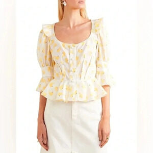ANNA MASON Rosi Blouse White & Yellow Banana Ruffle Button Down Medium